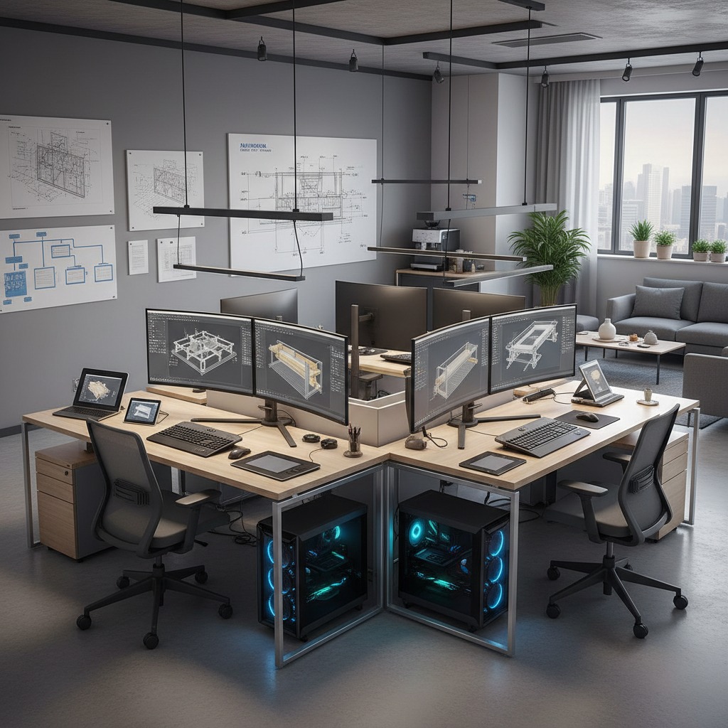 Un ufficio di design moderno con postazioni di lavoro dotate di doppi monitor, computer ad alte prestazioni e progetti tecnici appesi alle pareti grigie.